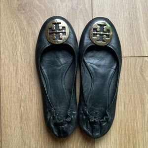 Tory Burch Black Flats with Gold Logo